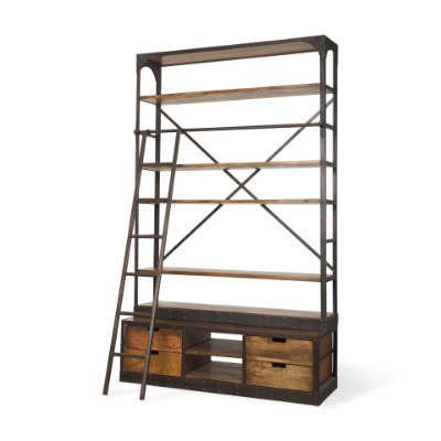 50031-AB - Brodie II Medium Brown Wood Black Ladder Four Shelf Shelving Unit 57L x 20.5W x94H