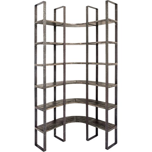 50241-AB - Turner I 37L x 10.5W x 90H Curved Brown Wood and Black Iron Six Shelving Unit