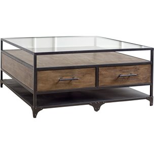 Tribuo 40x40 Square Glass Top Black Metal Base w/2 Drawer Coffee Table