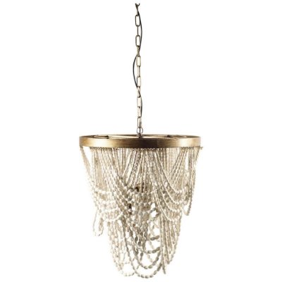65455 - Pendra (26"x23") Gold Metal Whitewashed Wooden Bead Three Bulb Chandelier 