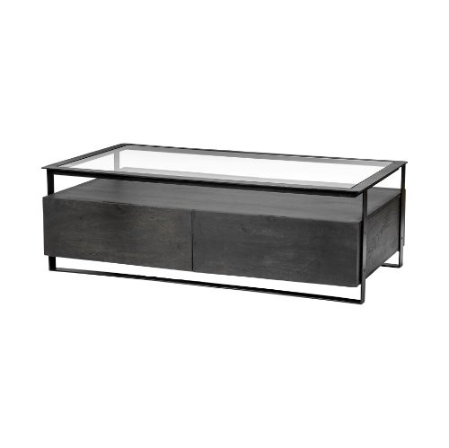 68207 - Vidro 54x30 Rectangular Glass Top Black Solid Wood Drawers & Black Frame Coffee Table