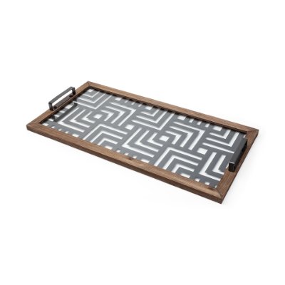 68295 - Fantuz 32L x 16W Gray Metal, Wood and Glass Serving Tray