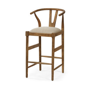 Trixie Low Back 30.25in Seat Bar Stool | Cream Fabric w/ Brown Wood