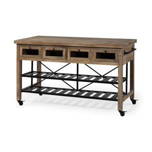 Stuart I Brown Solid Wood Top Two-Tier Black Metal Rolling Kitchen Island 