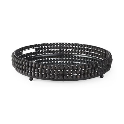 68675 - Decatur II 21L x 21W Black Wooden Bead Mirrored Bottom Round Tray