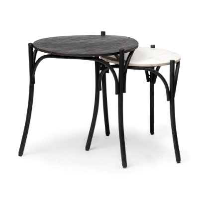 68508 - Etienne VII 24" Set of Two Round Top Black Wood and Marble Top Nesting Table