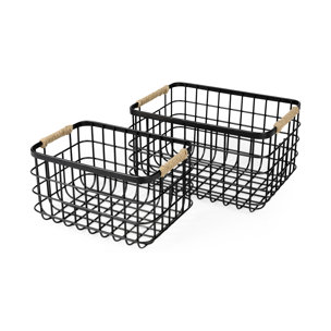 Marius (Set of 2) Matte Black Metal W/ Rope Trim Rectangular Baskets