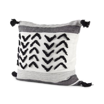 69439 - Kimia 20x20 White/Black Fabric Herringbone w/Fringed Pillow Cover