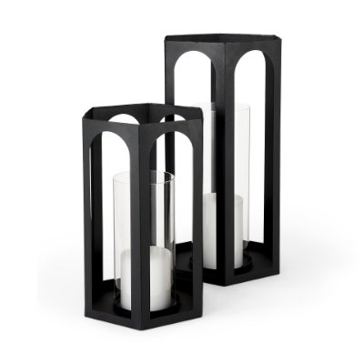 69532 - Balley 9.4L x 9.4W x 19.7H Set of Two Matte Black Metal Hexagonal Candle Holder Lanterns 