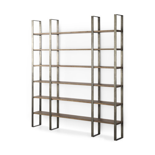69231-AB - Taunton 80L x 10.5W x 90H Medium Brown Wood W/ Antique Nickel Metal Frame 6 Tier Shelving Unit