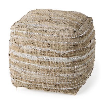 69501 - Aadhya 16.0L x 16.0W x 16.0H Taupe/Silver Leather and Cotton Pouf