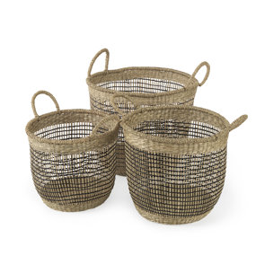 Triopas 15.7L x 15.7W x 13.4H (Set of 3) Medium Brown Seagrass Round Basket W/ Handles 