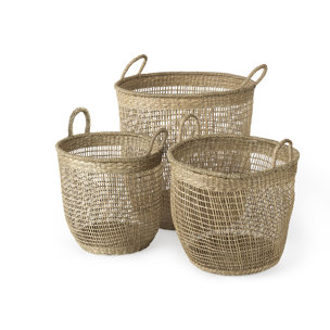 Bowie 19.7L x 19.7W x 19.7H (Set of 3) Medium Brown Seagrass Round Basket W/ Handles 