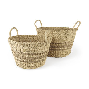 Vance 17.7L x 17.7W x 11.8H Light Brown Palm Leaf and Seagrass Round Basket W/ Handles