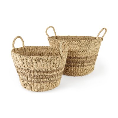 69587 - Vance 17.7L x 17.7W x 11.8H Light Brown Palm Leaf and Seagrass Round Basket W/ Handles