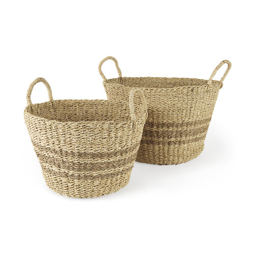 69587 - Vance 17.7L x 17.7W x 11.8H Light Brown Palm Leaf and Seagrass Round Basket W/ Handles
