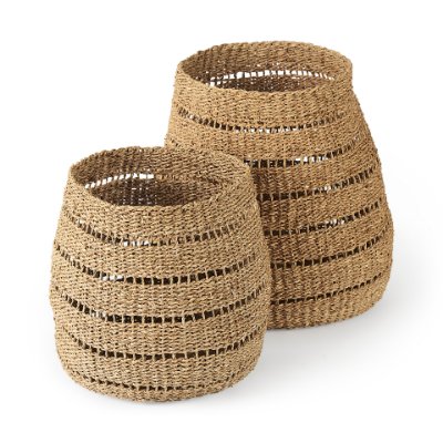 69589 - Hayes 17.7L x 17.7W x 11.8H (Set of 2) Medium Brown Seagrass Round Basket with Stripe Pattern 
