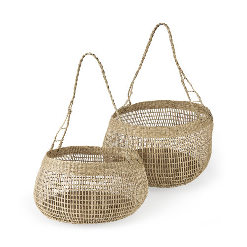 69592 - Nova 15.0L x 15.0W x 9.4H (Set of 2) Light Brown Seagrass Woven Round Basket W/ Long Handle 