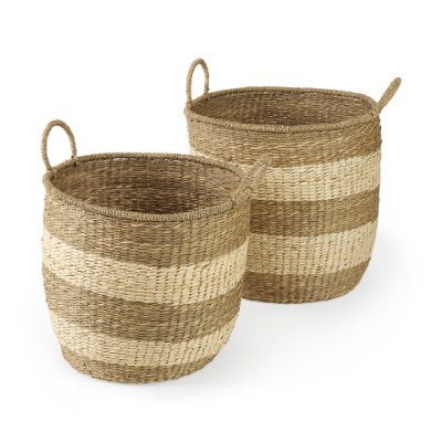 69596 - Bradley (Set of 2) Light Brown W/Striped Seagrass Basket W/ Handles