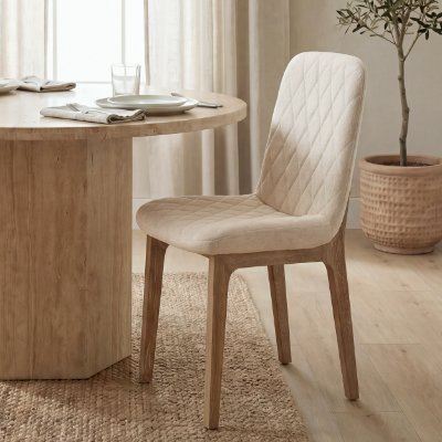 68317 - David Diamond Tuffed Cream Fabric Wrap Brown Wood Base Dining Chair 