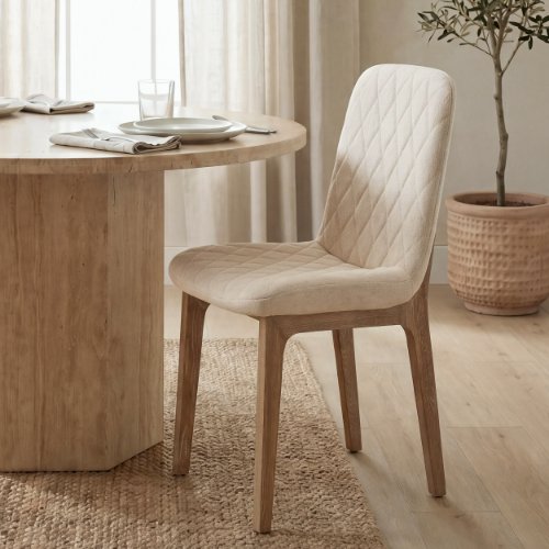 68317 - David Diamond Tuffed Cream Fabric Wrap Brown Wood Base Dining Chair 