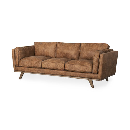 69619 - Brooks 90.2L x 34.8W x 33.5H Cognac Brown Faux Leather Three Seater Sofa W/ Medium Brown Wooden Legs