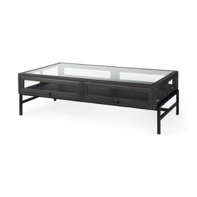 69746 - Arelius 49.5"L Rectangular Glass-Top Black-Brown Wood w/ Black Metal Base Display Coffee Table