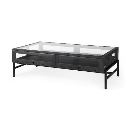 69746 - Arelius 49.5"L Rectangular Glass-Top Black-Brown Wood w/ Black Metal Base Display Coffee Table