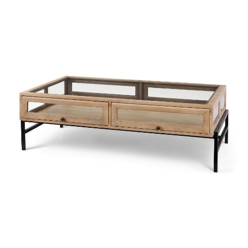 69748 - Arelius 49.5"L Rectangular Light Brown Wood w/ Black Metal Base Display Coffee Table