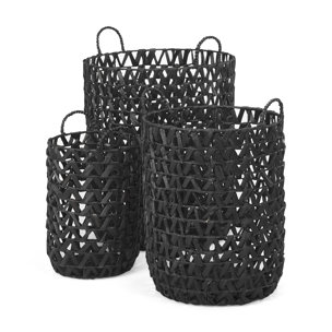 Lola (Set of 3) Black Water Hyacinth Zig Zag Weave Round Basket W/ Handles
