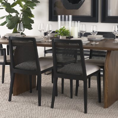 69350 - Clara Black Wood W/ Cream Fabric Seat and Cane Back Armless Dining Chair