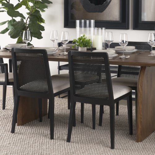 69350 - Clara Black Wood W/ Cream Fabric Seat and Cane Back Armless Dining Chair