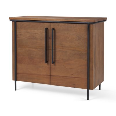 69930 - Maddox  40.0L x 18.5W x 32.75H Brown Solid Wood Black Metal 2 Door Accent Cabinet
