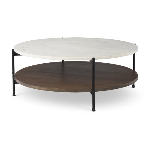 69925-AB - Larkin 42" Round Two-Tier White Marble Top and Solid Wood Shelf w/ Black Metal Frame Coffee Table