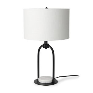 Picture of 69702 - Sarah 15.0L x 10.0W x 22.2H Arched Black Metal W/Marble Cube and White Shade Table Lamp