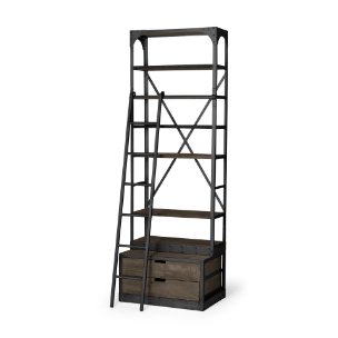 Picture of 50372-AB - Brodie VII 32L x 22W x 94H Brown Wood Gun-Metal Bracing Four Shelf Shelving Unit