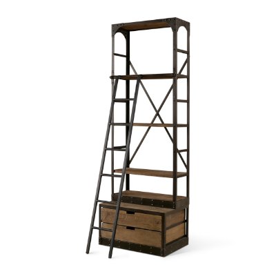 50372-AB - Brodie VII 32L x 22W x 94H Brown Wood Gun-Metal Bracing Four Shelf Shelving Unit