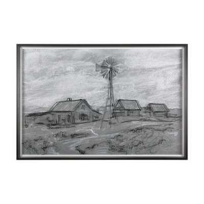14531 - Farm view sketch I by Mercana Studio a Hand Embellished Textured Framed Art Print Matted under Glass