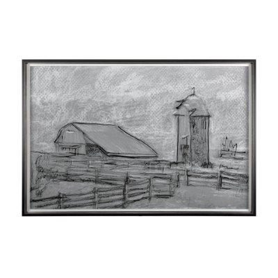 14532 - Farm view sketch II by Mercana Studio Hand Embellished Textured Framed Art Print Matted under Glass