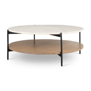 Larkin Marble Top w/ Brown Wood Shelf Round Coffee Table