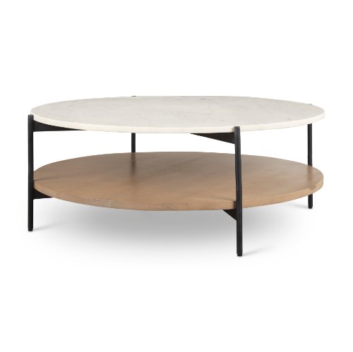 69924-AB - Larkin Marble Top w/ Brown Wood Shelf Round Coffee Table