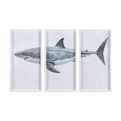 14904 - Great White Shark by Ariana a Triptych Hand Embellished Textured Framed Art Print Matted under Glass