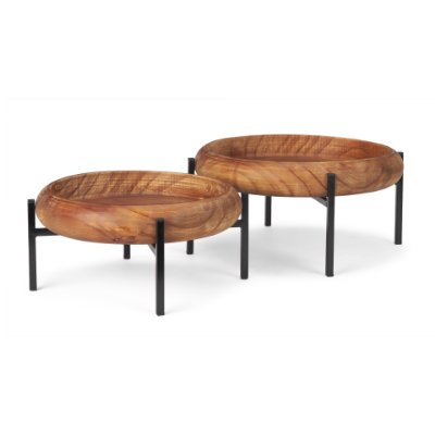 71047 - Wally Round Medium Brown Wood w/ Matte Black Metal Stand Trays