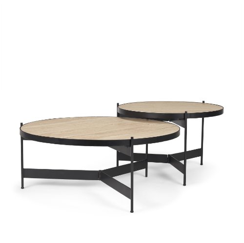 71042-AB - Wade Travertine Marble w/ Matte Black Metal Coffee Tables