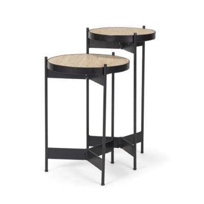 71043-AB - Wade Travertine Marble w/ Matte Black Metal End Tables