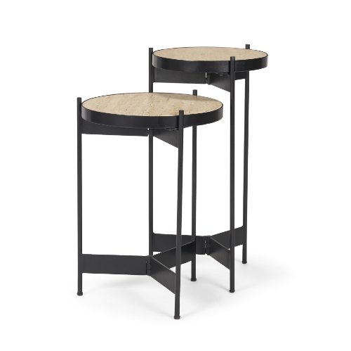 71043-AB - Wade Travertine Marble w/ Matte Black Metal End Tables