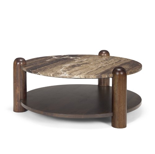 71122-AB - Jovia Brown Mango Wood W/ Cappuccino Marble Round Coffee Table