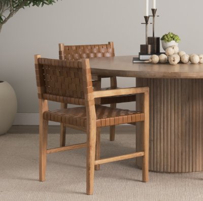 70799 - Shane Brown Wood w/ Woven Brown Leather Dining Armchair