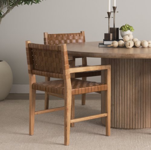 70799 - Shane Brown Wood w/ Woven Brown Leather Dining Armchair