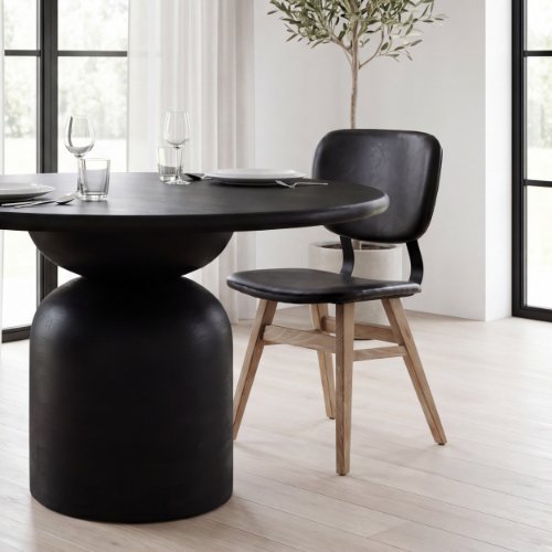 67517 - Haden I Black Faux-Leather Wrap Brown Solid Wood and Iron Base Dining Chair